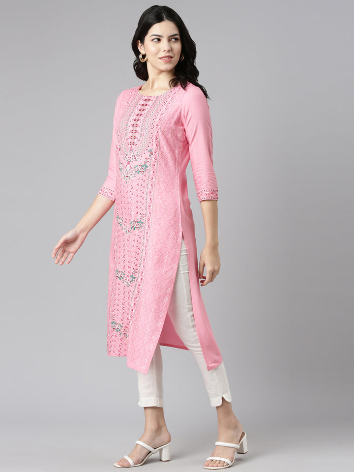 Neerus Pink Regular Straight Printed Kurtas