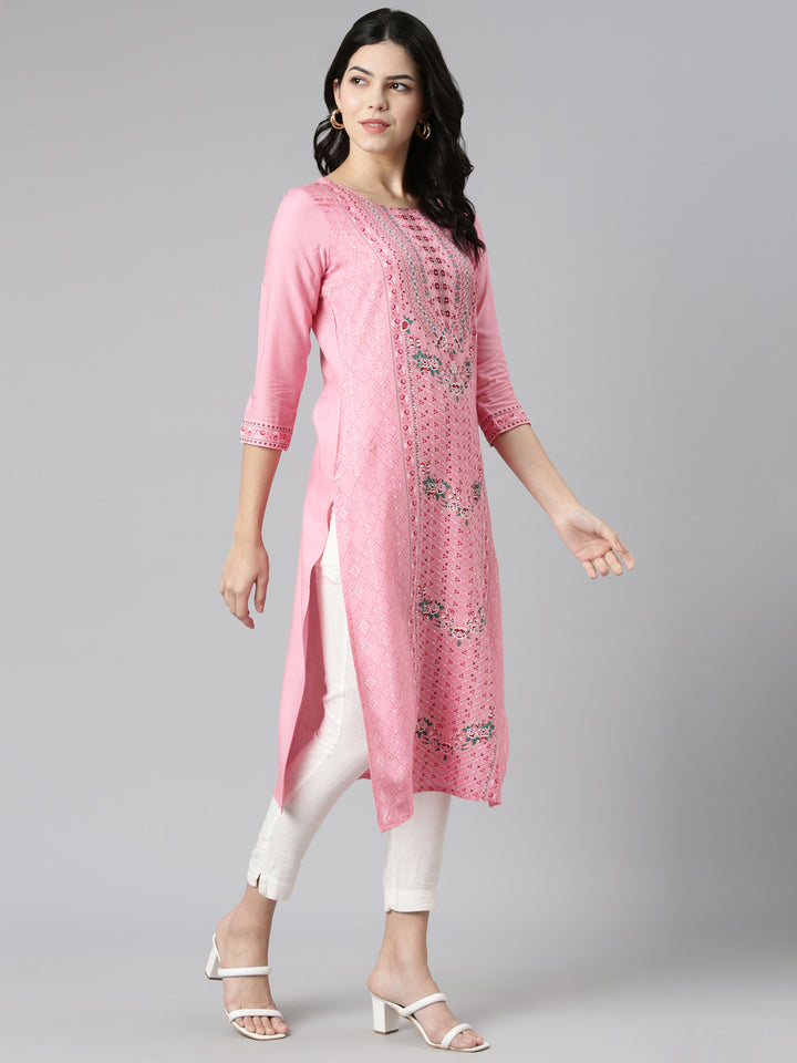 Neerus Pink Regular Straight Printed Kurtas