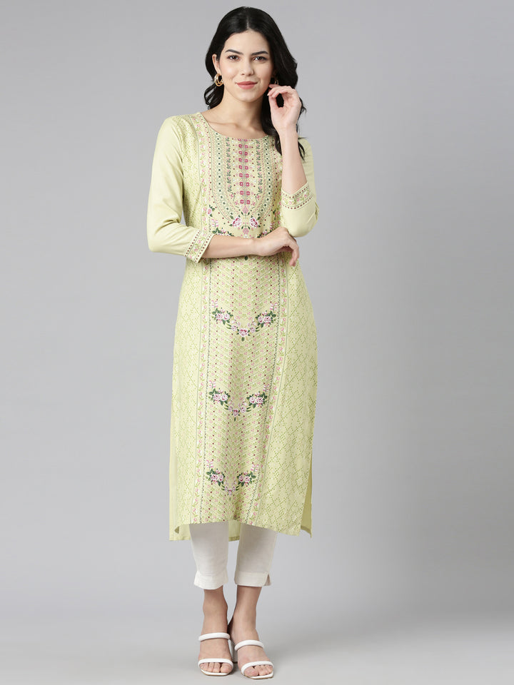 Neerus Green Regular Straight Printed Kurtas