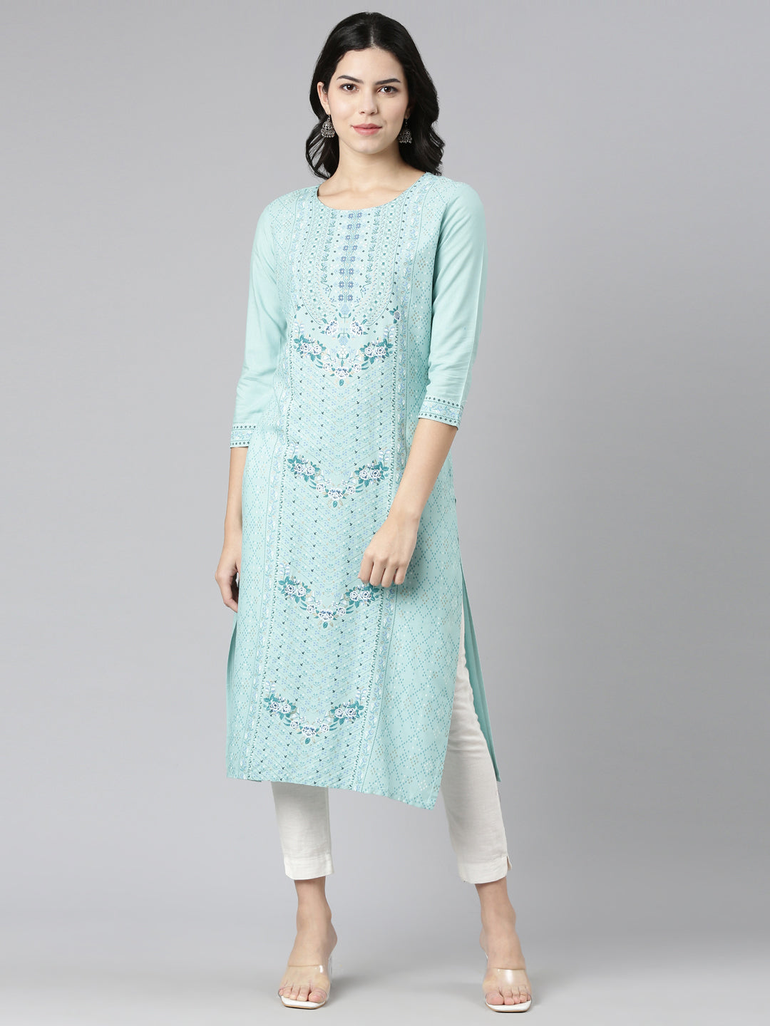 Neerus Blue printed straight kurti - front view