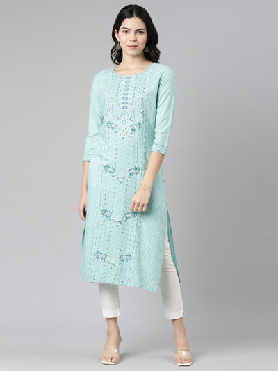 Neeru's Blue Regular Straight Printed Kurtas