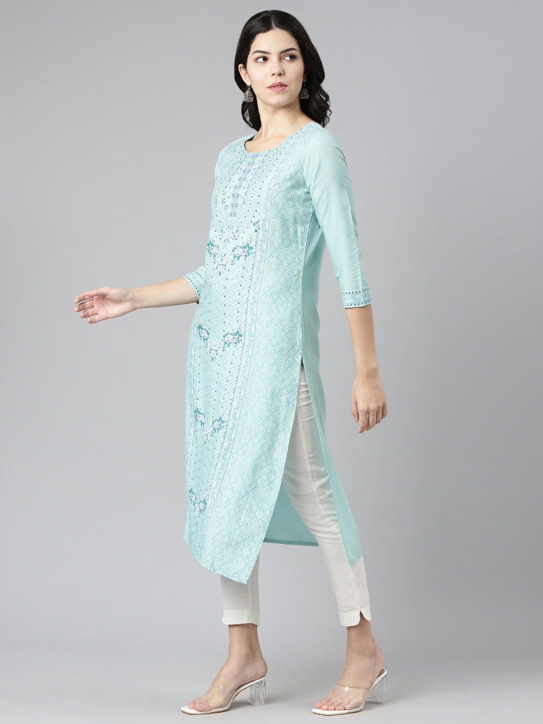 Neerus Blue printed straight kurti - back view