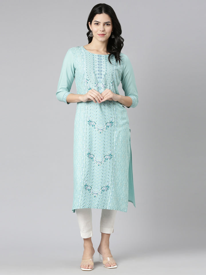 Neerus Blue printed straight kurti - detail view 2