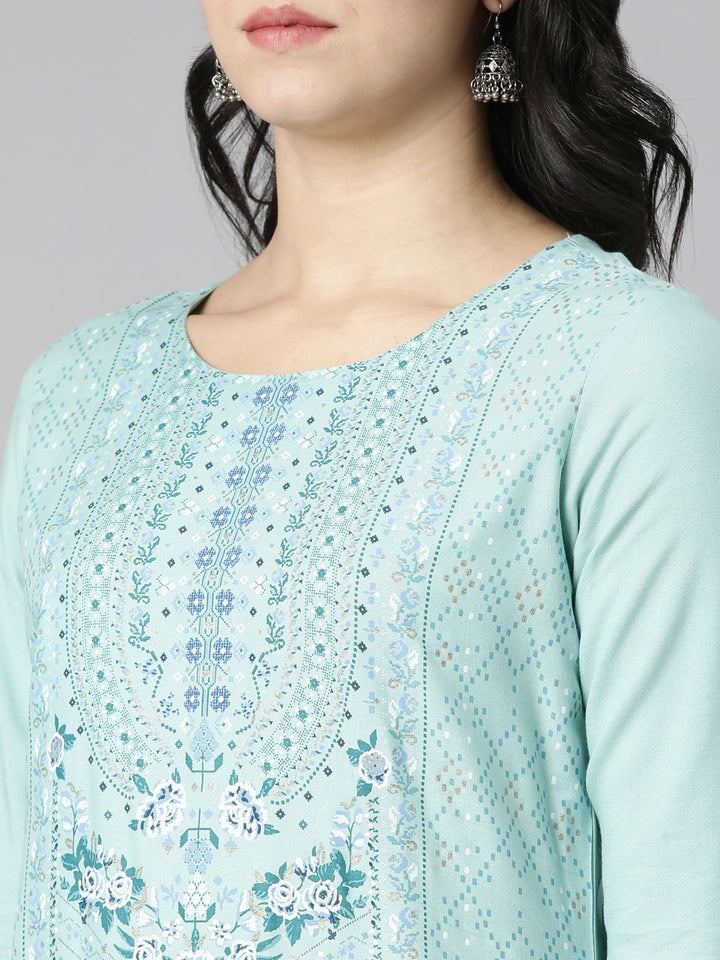 Neerus Blue printed straight kurti - detail view 1