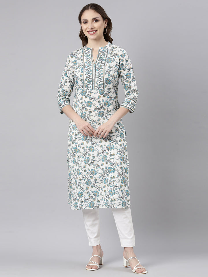 Neerus Turquoise Blue Regular Straight Floral Kurtas
