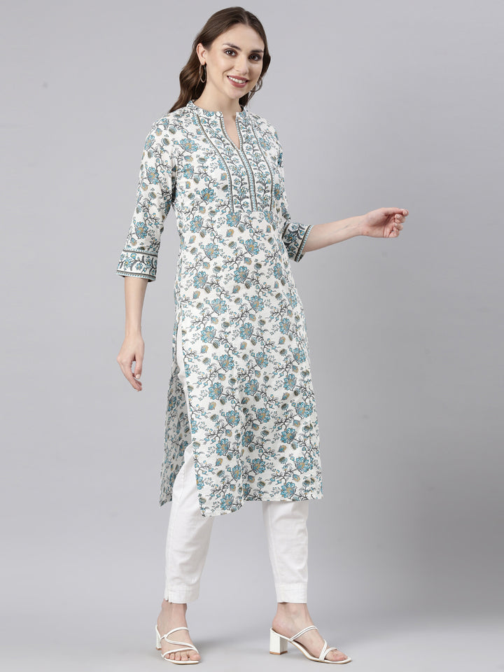 Neerus Turquoise Blue Regular Straight Floral Kurtas