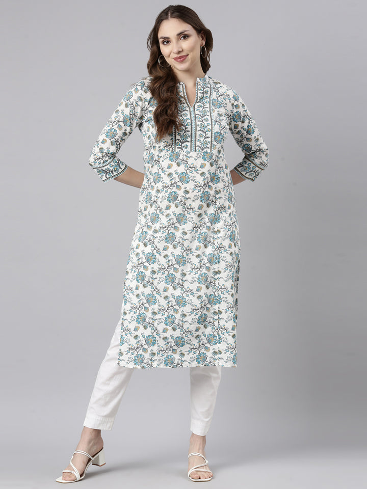 Neerus Turquoise Blue Regular Straight Floral Kurtas