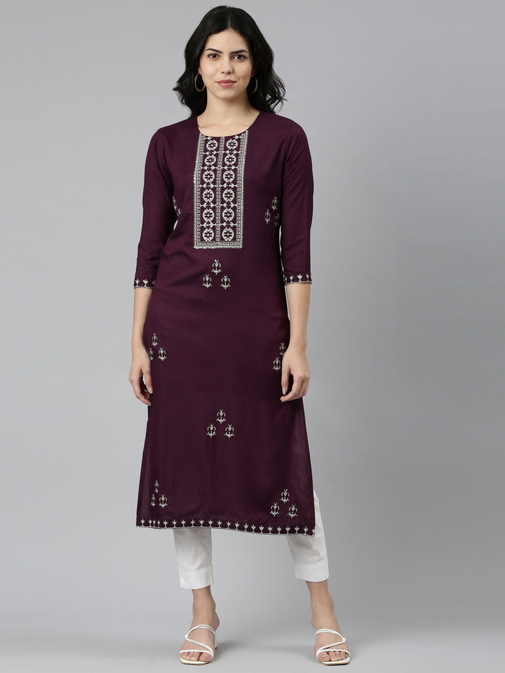Neerus Purple Regular Straight Embroidered Kurta