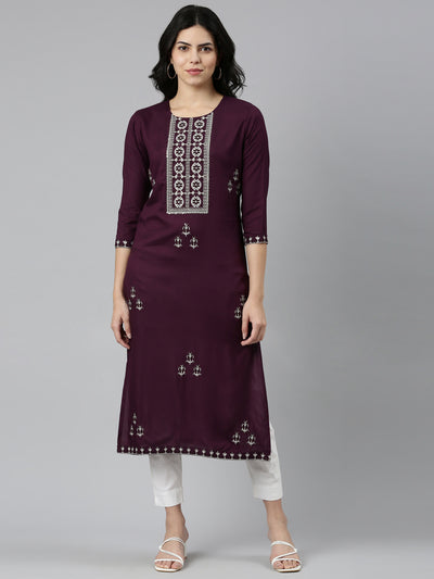 Neeru's Purple Regular Straight Embroidered Kurtas