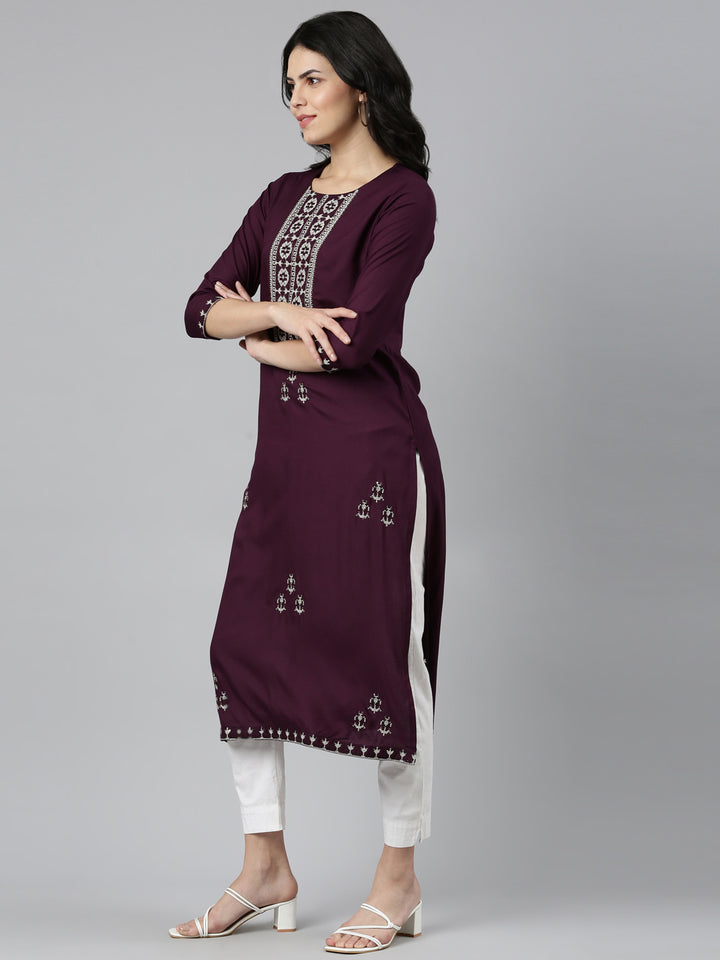 Neerus Purple Regular Straight Embroidered Kurta