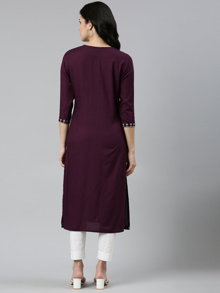 Neerus Purple Regular Straight Embroidered Kurta