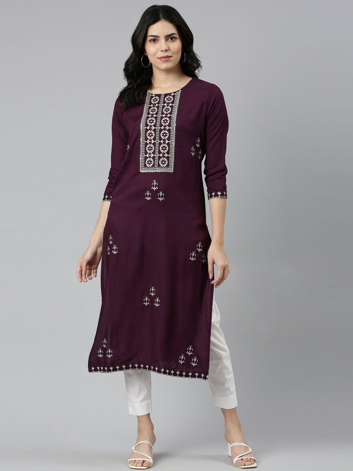 Neerus Purple Regular Straight Embroidered Kurta