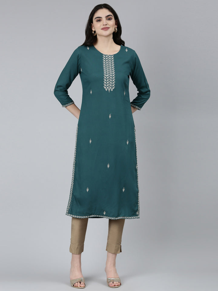 Neerus Green embroidered floral straight kurti - front view