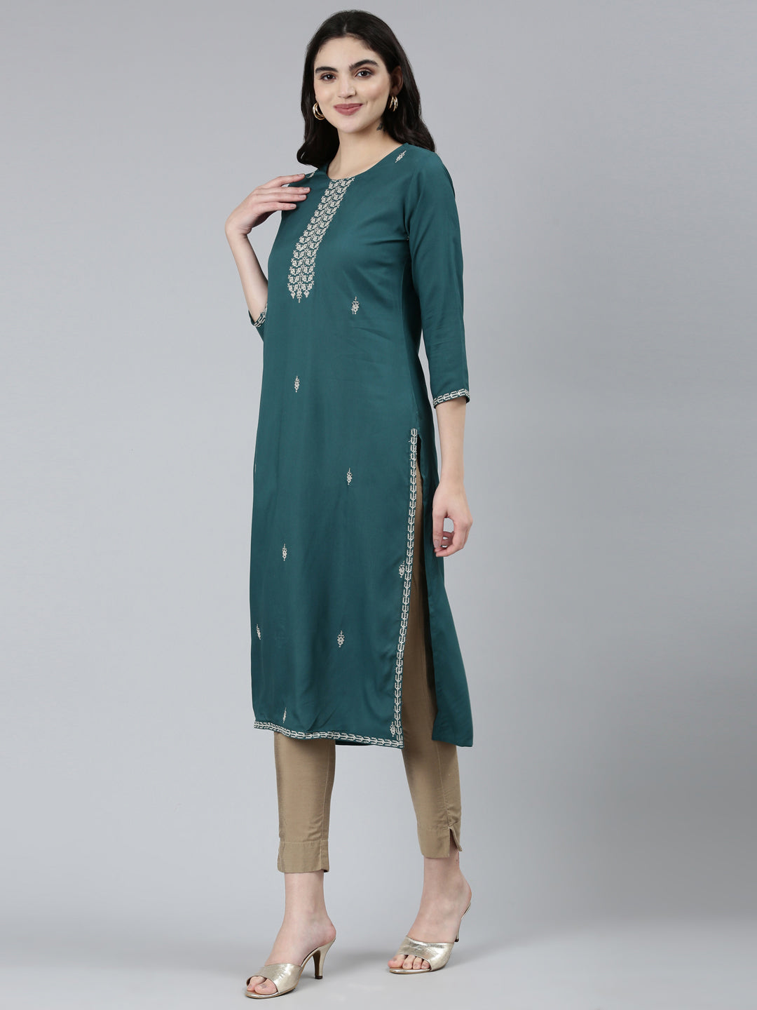 Neerus Green embroidered floral straight kurti - back view