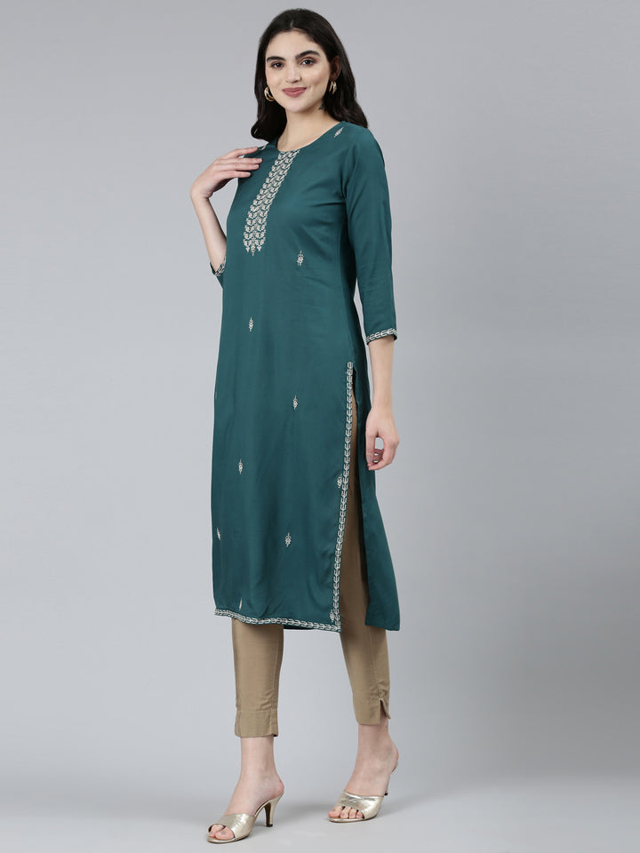 Neerus Green embroidered floral straight kurti - back view