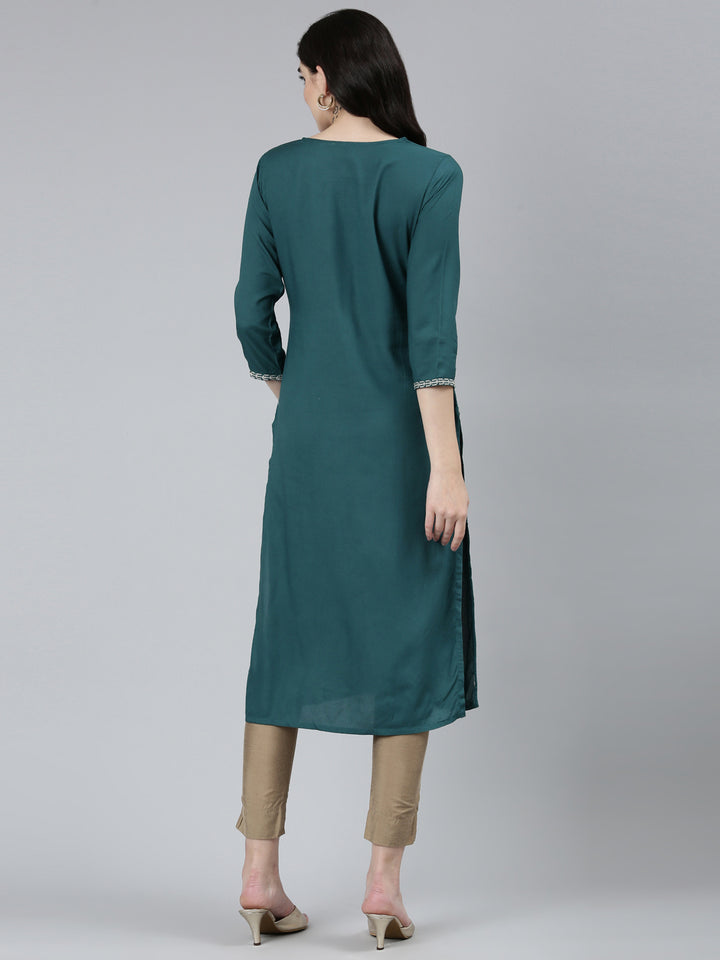 Neerus Green embroidered floral straight kurti - side view