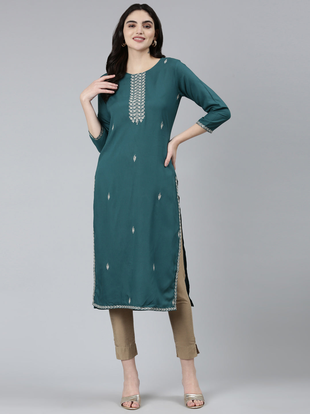 Neerus Green embroidered floral straight kurti - detail view 2