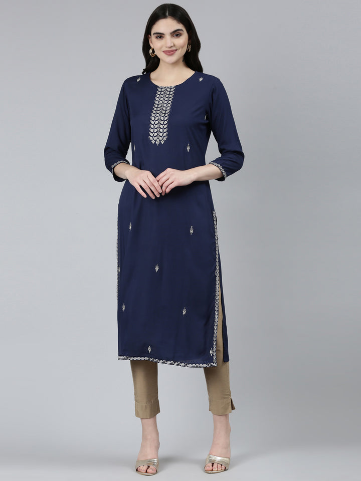 Neerus Navy Blue Regular Straight Floral Kurta