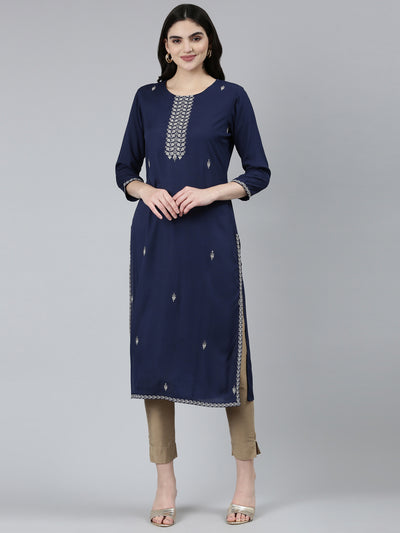 Neerus Navy Blue Regular Straight Floral Kurtas