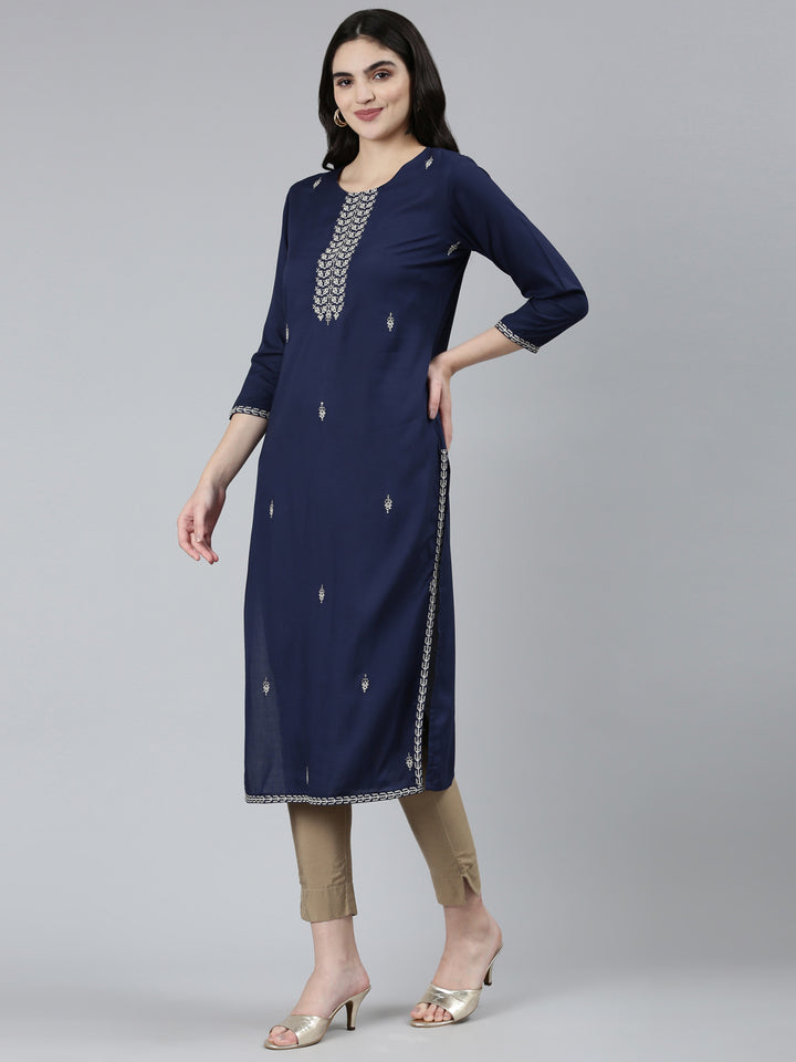 Neerus Navy Blue Regular Straight Floral Kurta