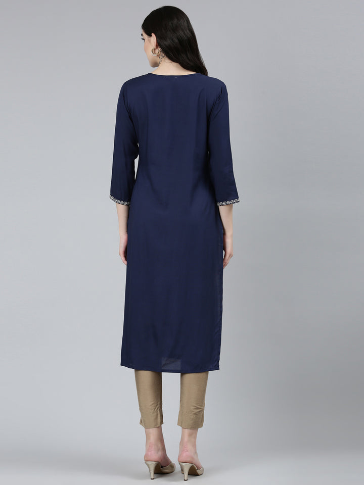 Neerus Navy Blue Regular Straight Floral Kurta