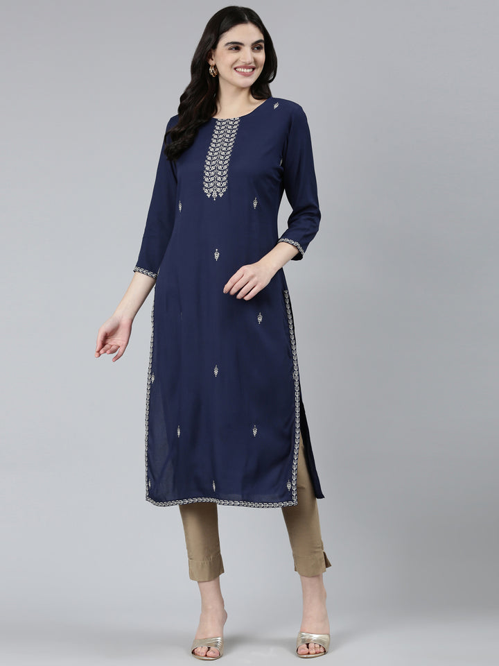 Neerus Navy Blue Regular Straight Floral Kurta