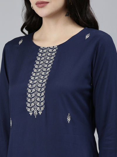 Neerus Navy Blue Regular Straight Floral Kurtas
