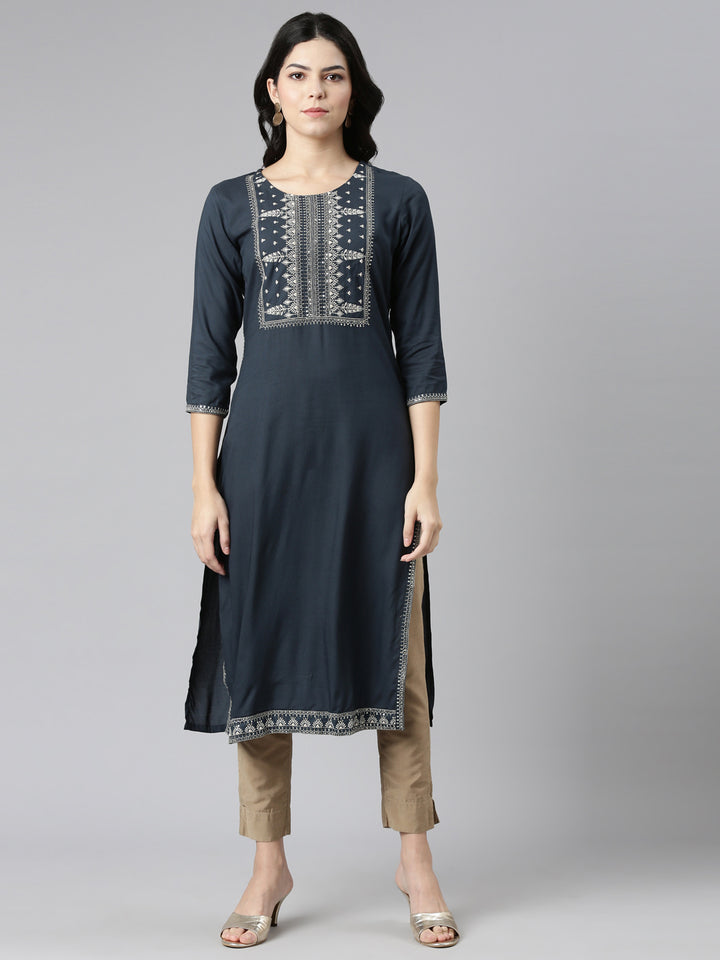 Neerus Grey rayon embroidered straight kurti - front view