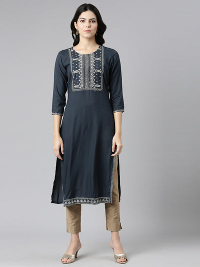 Neerus Grey Regular Straight Embroidered Kurtas