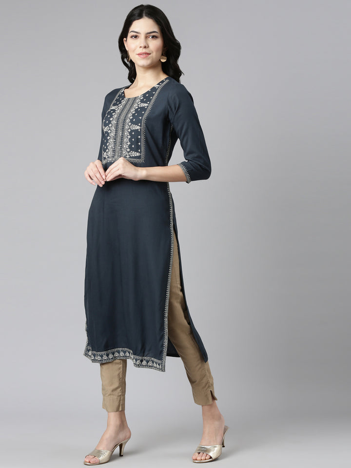 Neerus Grey rayon embroidered straight kurti - back view