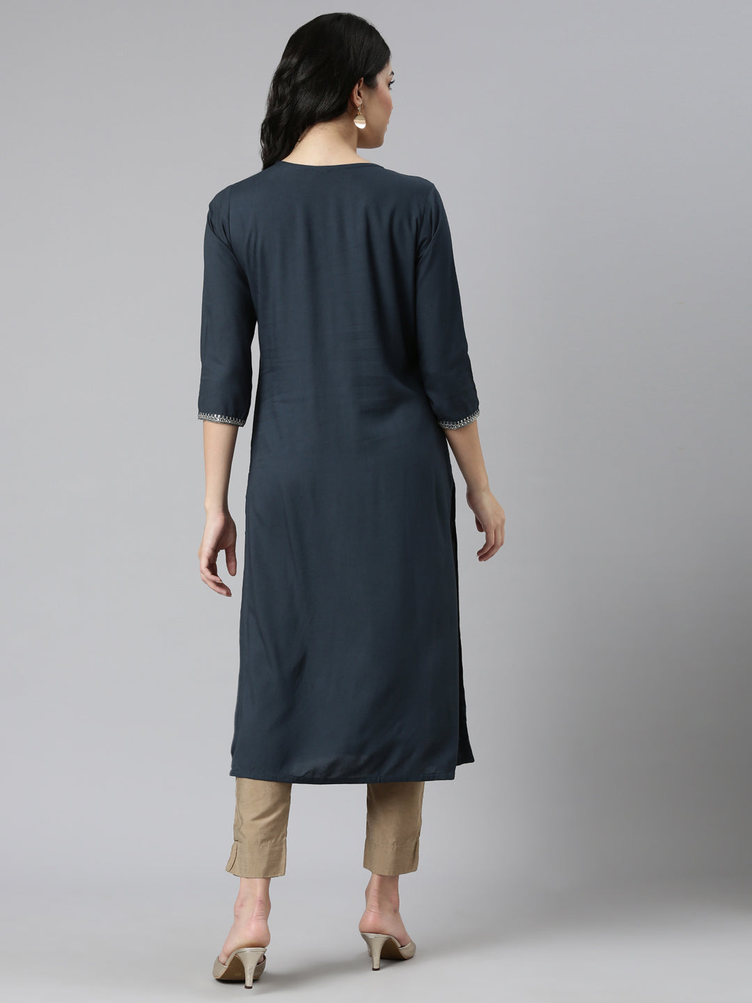 Neerus Grey rayon embroidered straight kurti - side view