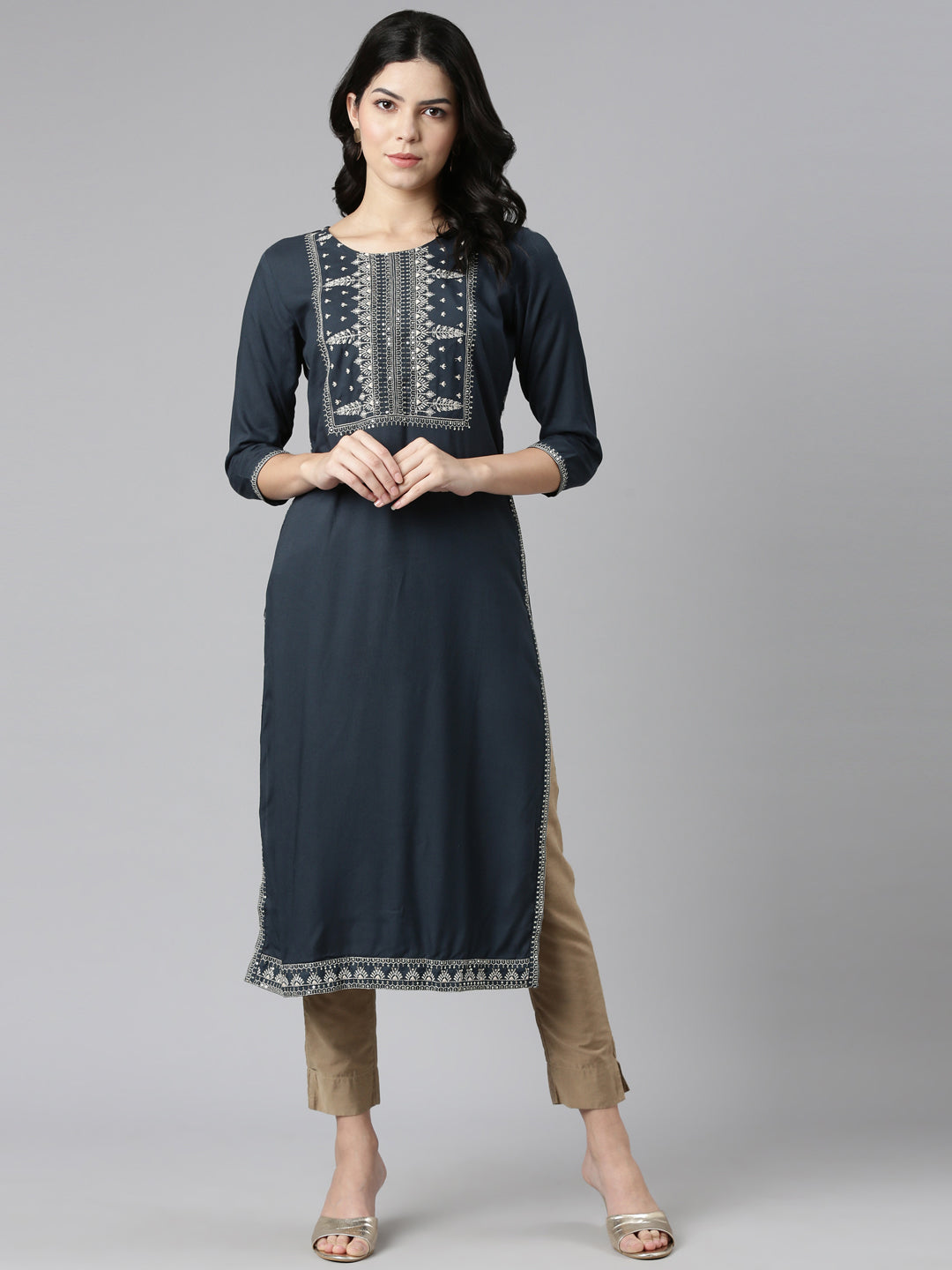 Neerus Grey rayon embroidered straight kurti - detail view 2