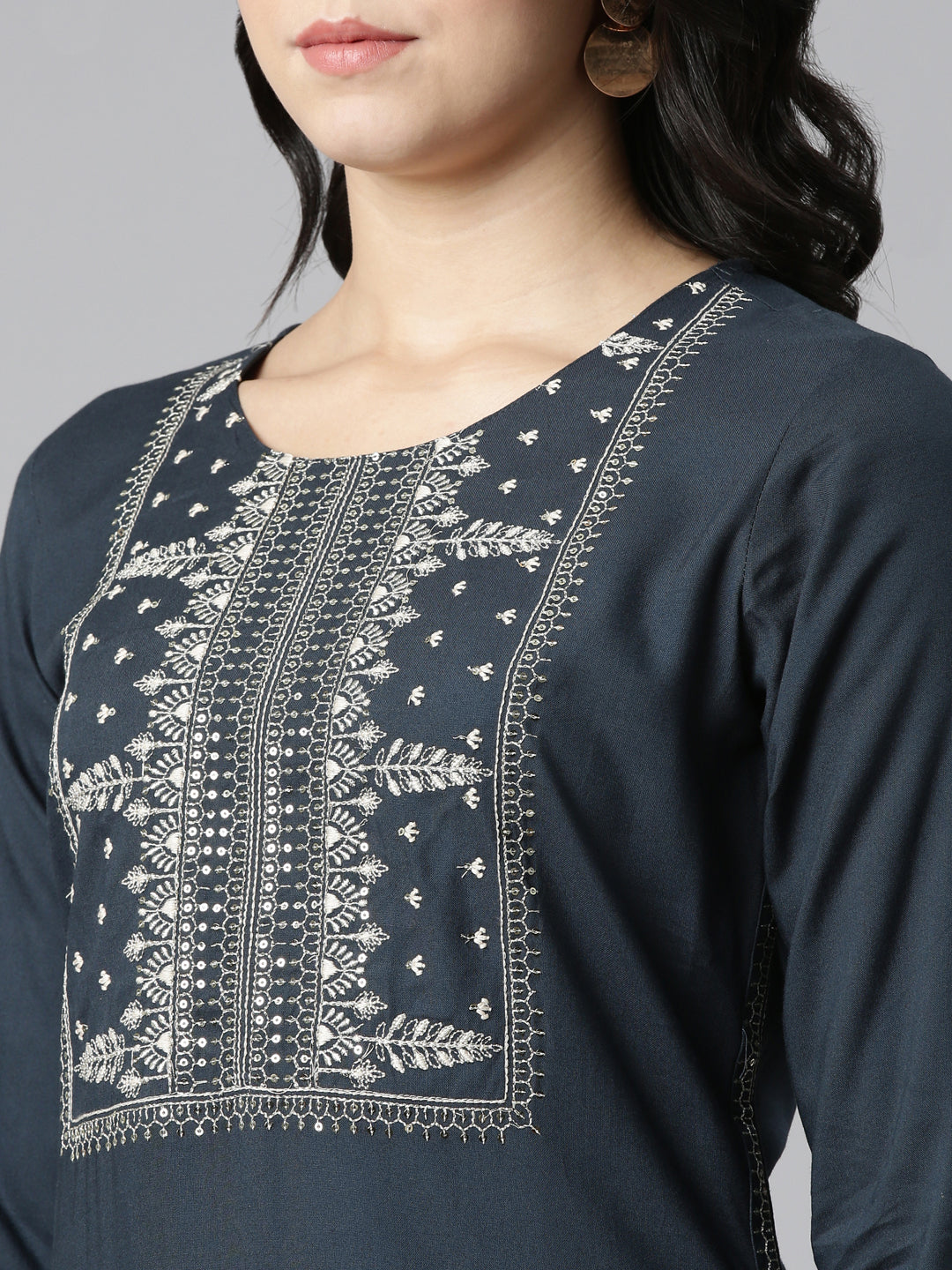 Neerus Grey rayon embroidered straight kurti - detail view 1