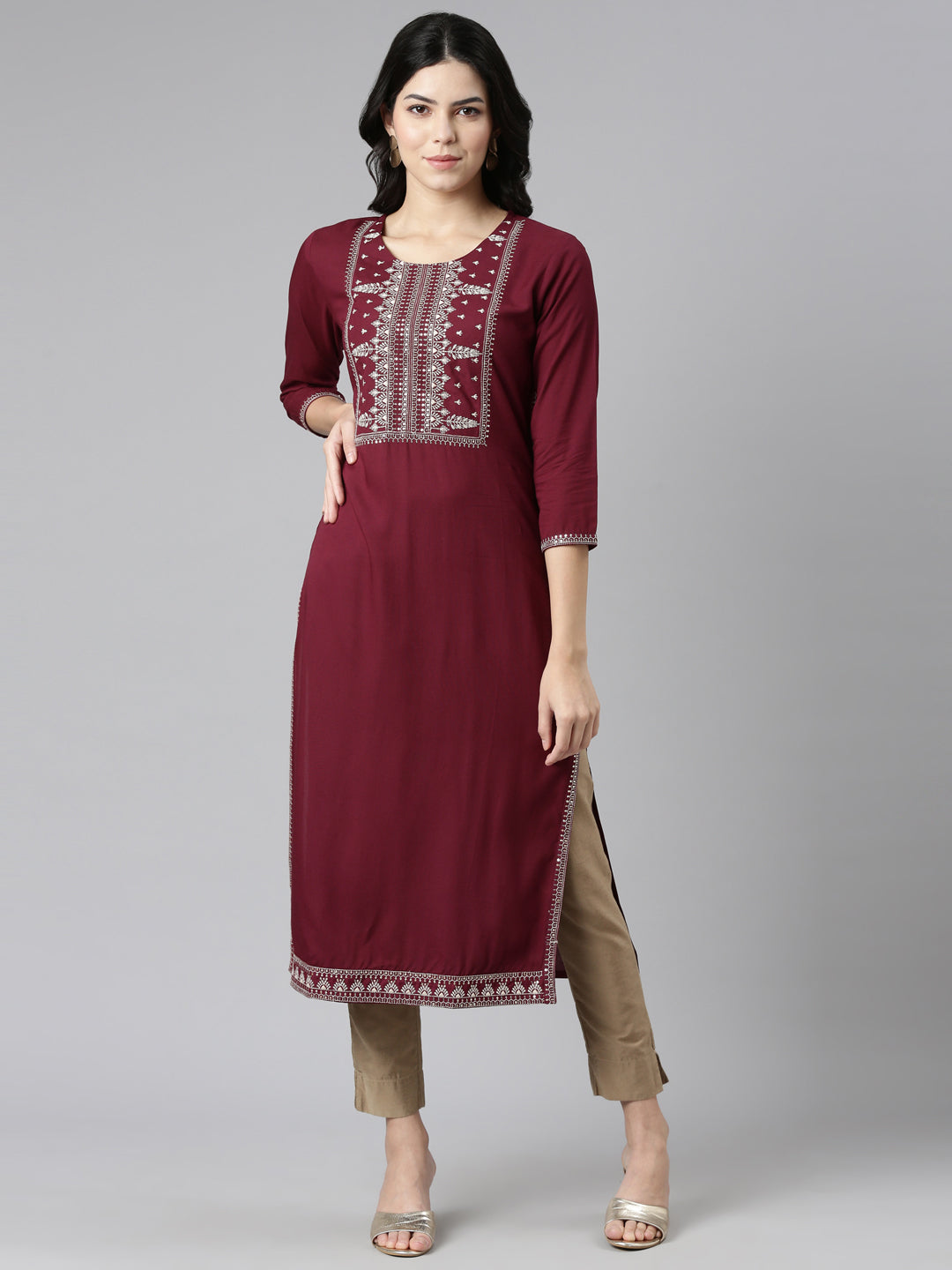 Neerus Maroon Regular Straight Embroidered Kurtas