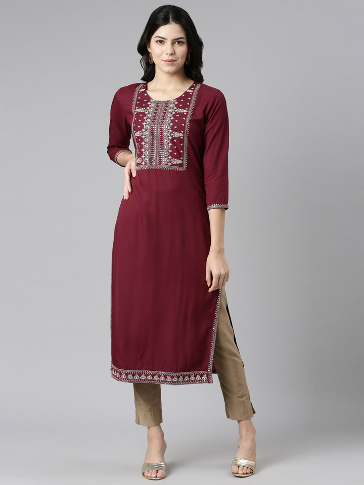 Neerus Maroon Regular Straight Embroidered Kurtas