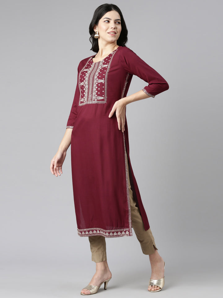 Neerus Maroon Regular Straight Embroidered Kurtas