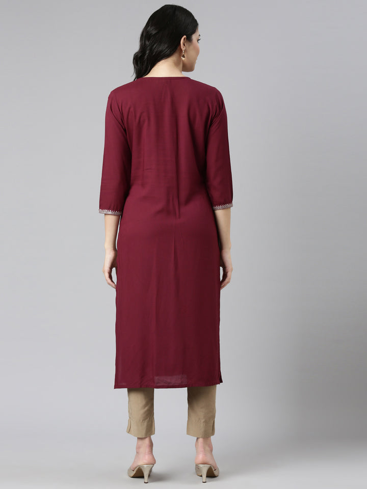 Neerus Maroon Regular Straight Embroidered Kurtas