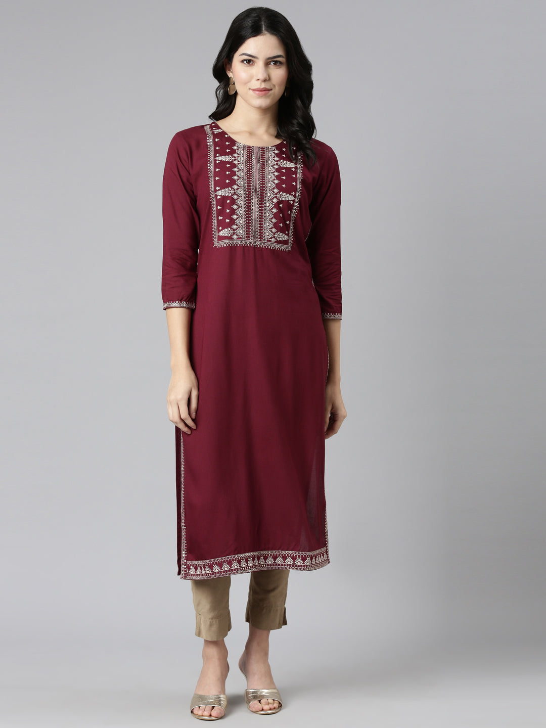Neerus Maroon Regular Straight Embroidered Kurtas