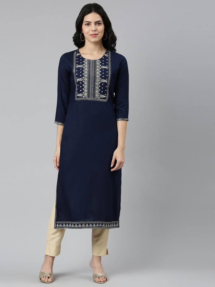 Neerus Navy Blue Regular Straight Solid Kurtas