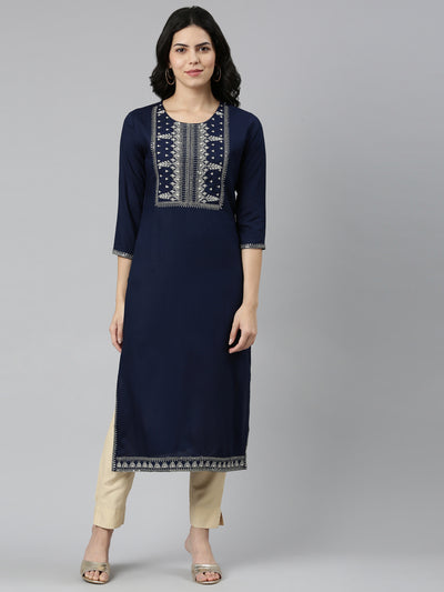 Neeru's Navy Blue Regular Straight Solid Kurtas