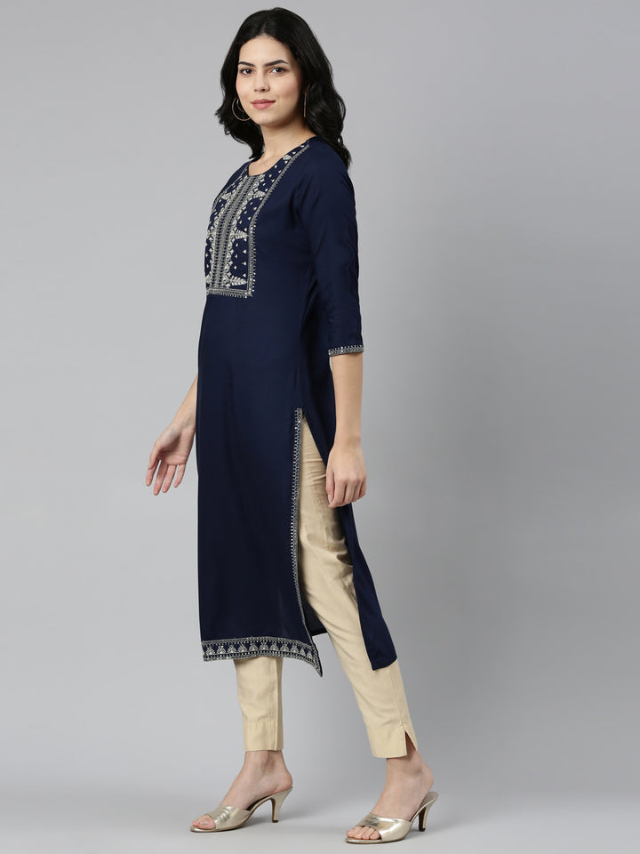 Neerus Navy Blue Regular Straight Solid Kurtas