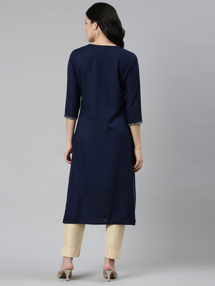 Neerus Navy Blue Regular Straight Solid Kurtas