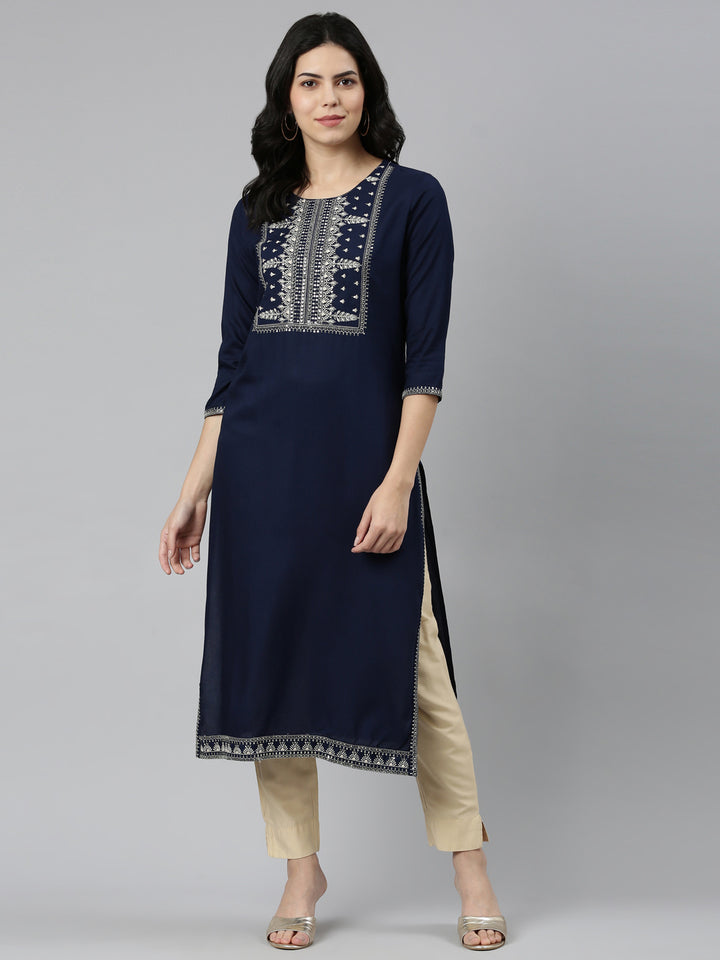 Neerus Navy Blue Regular Straight Solid Kurtas