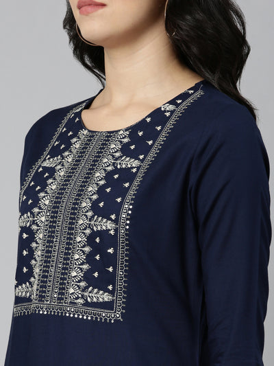 Neeru's Navy Blue Regular Straight Solid Kurtas
