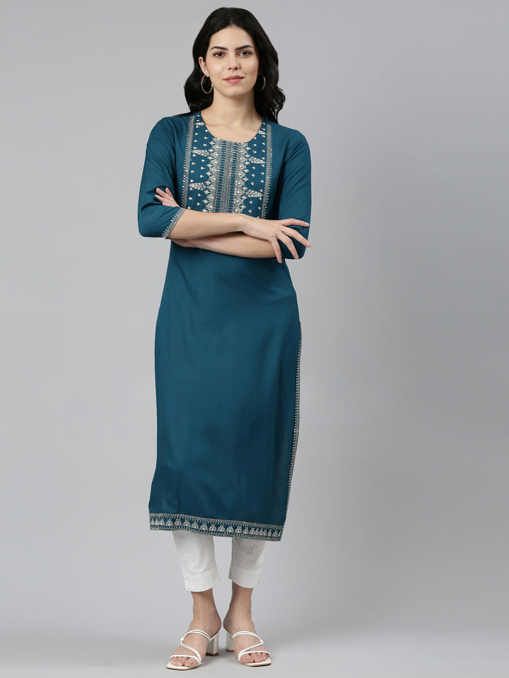 Neerus Green Regular Straight Solid Kurta