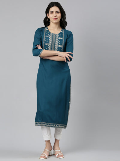 Neerus Green Regular Straight Solid Kurtas