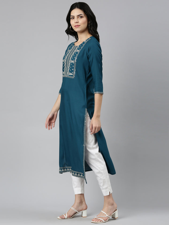 Neerus Green Regular Straight Solid Kurta