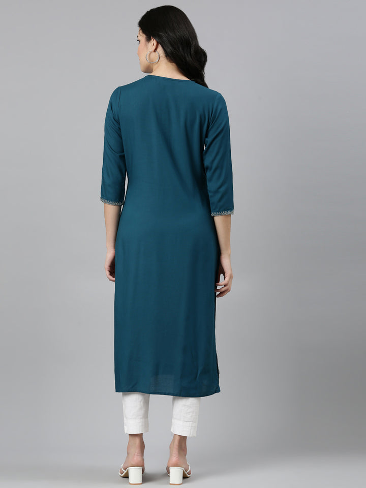 Neerus Green Regular Straight Solid Kurta