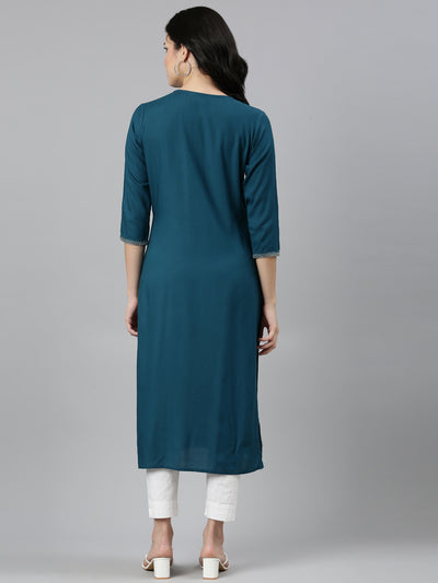 Neerus Green Regular Straight Solid Kurtas