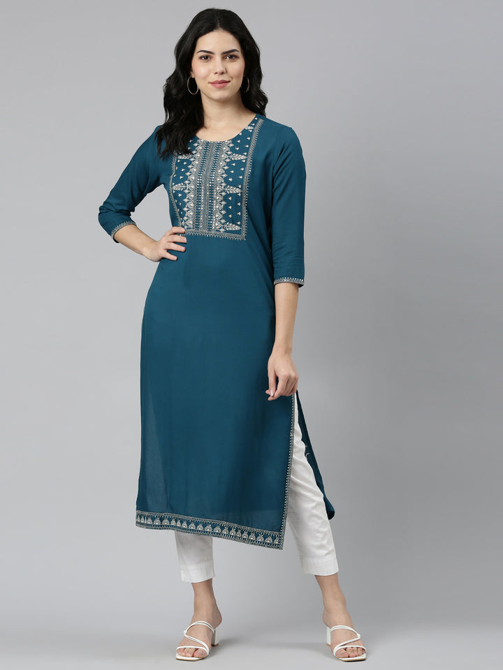 Neerus Green Regular Straight Solid Kurta